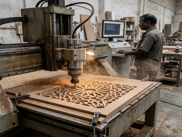 Industrial CNC router carving an intricate decorative MDF jali panel