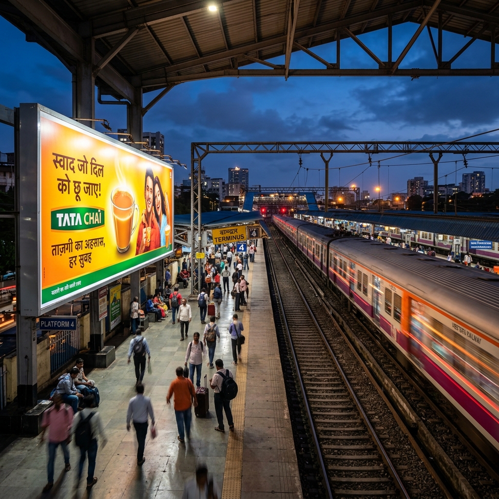 Illuminated Railway Billboard Advertising Hoarding at Night