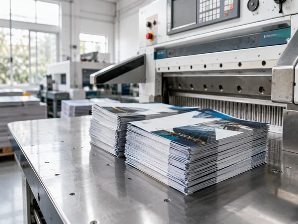 Stack of freshly printed corporate brochures on a printing press finishing table