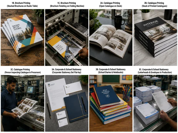 Open printed product catalogue displayed on a desk