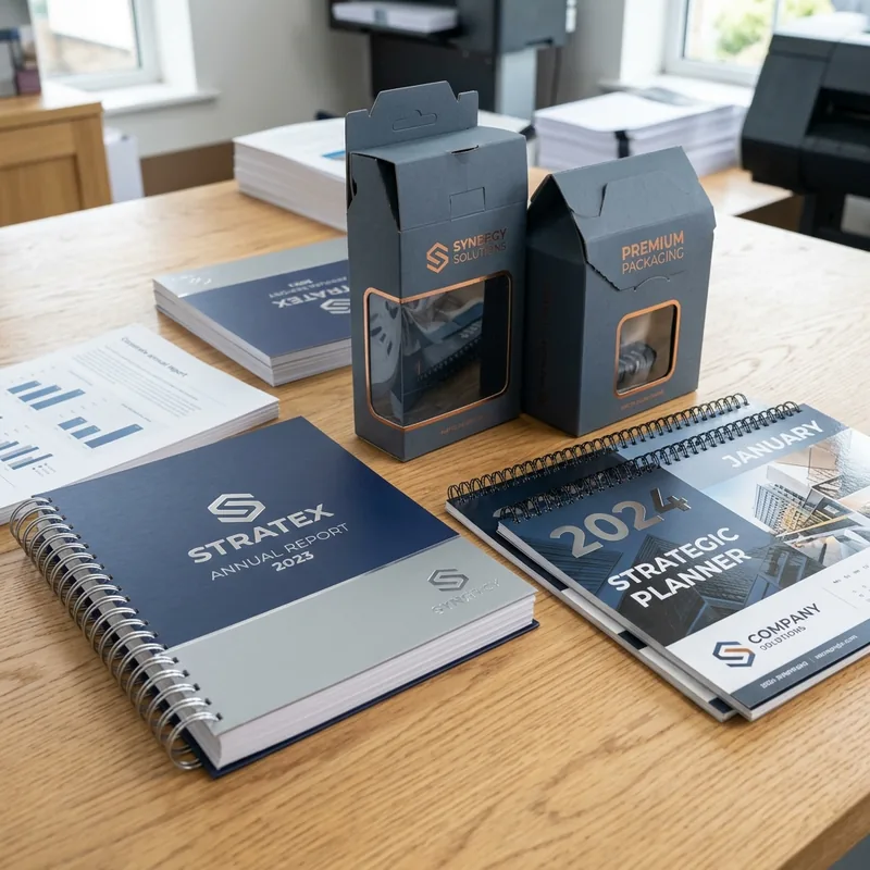Close-up of laminated perfectly bound corporate reports