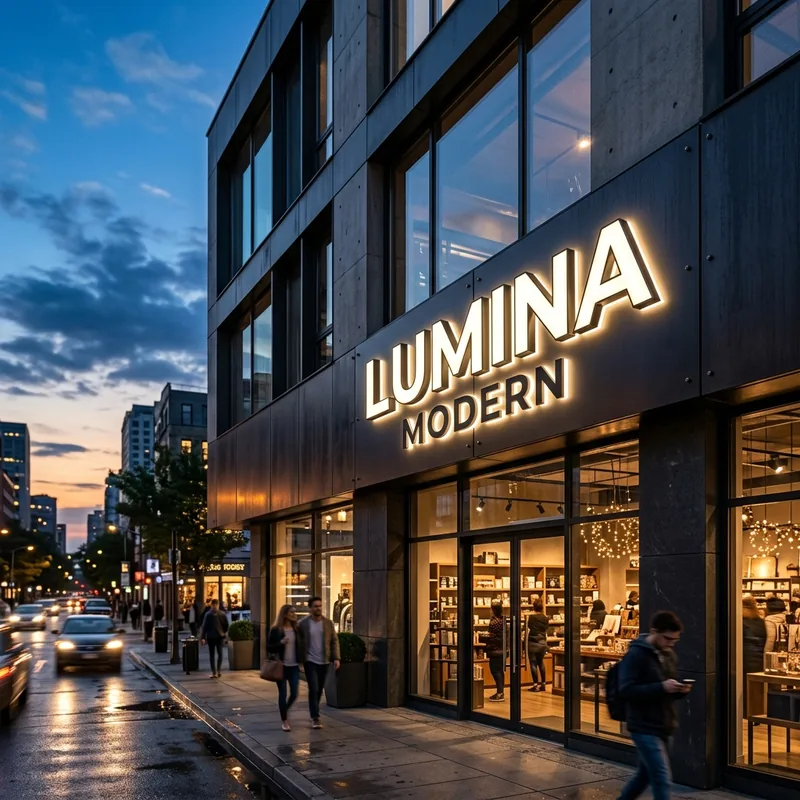 Glowing 3D acrylic signboard mounted on facade